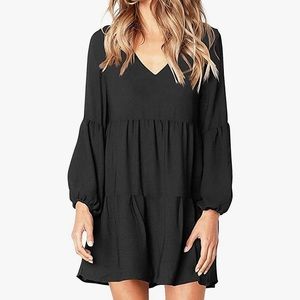 Sherosa Womens Summer Long Sleeve Tunic Dress Ruffle V Neck Swing Shift Dresses
